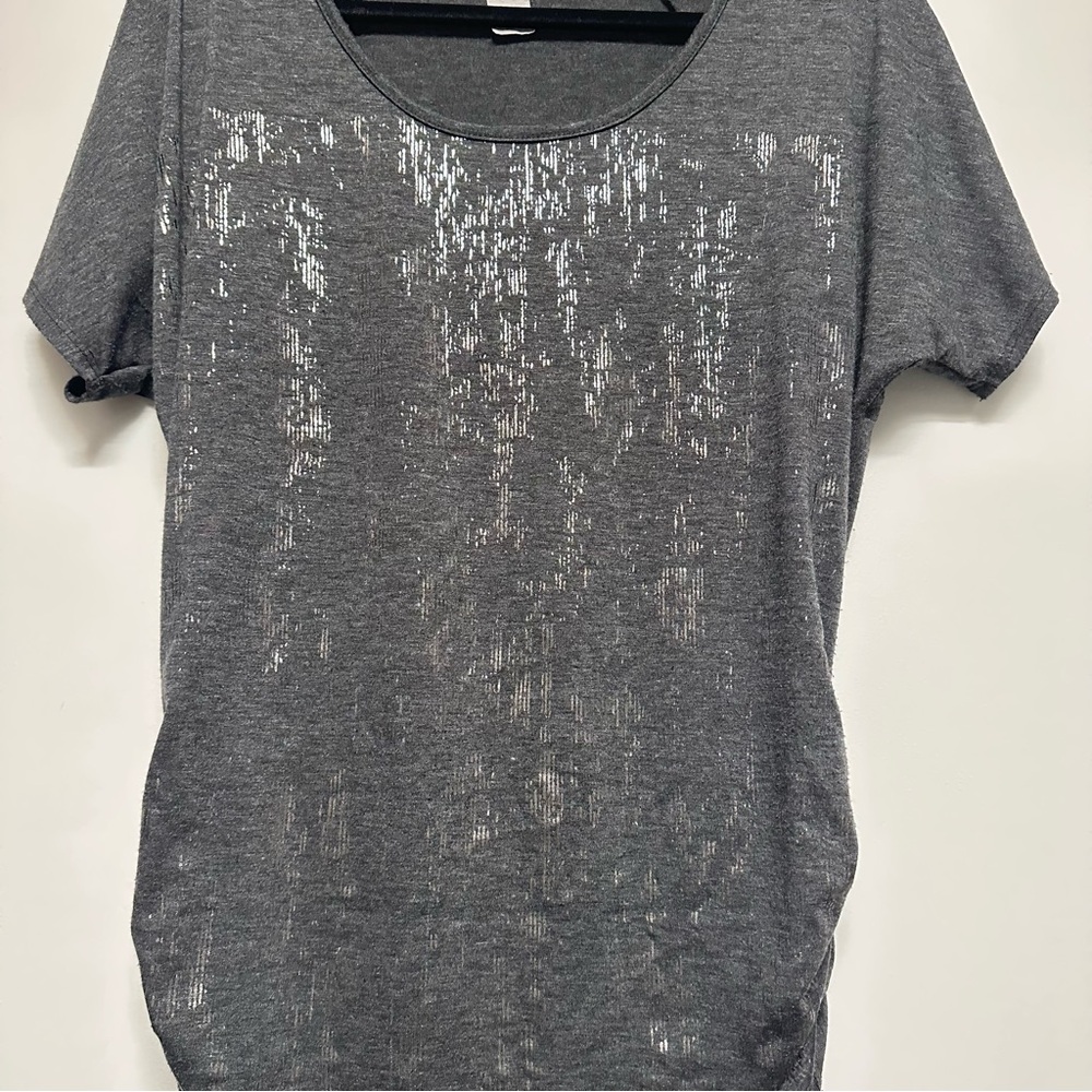 Agenda Gray Scoop Neckline Short-Sleeve Tee with Silver Sequin Detail